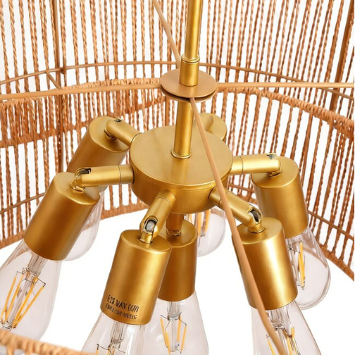 Sevenine Rerhill 7-Light Matte Gold Boho Rattan Lighting 3-Tier Pendant Design Chandelier