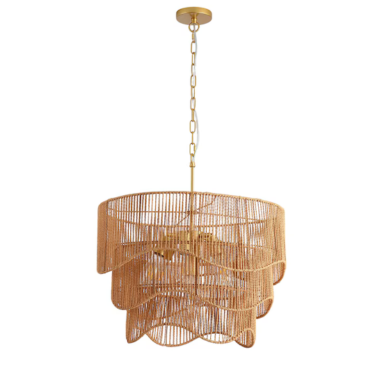 Sevenine Rerhill 7-Light Matte Gold Boho Rattan Lighting 3-Tier Pendant Design Chandelier