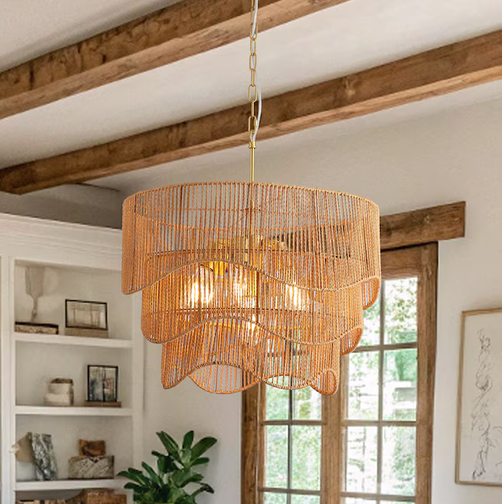 Sevenine Rerhill 7-Light Matte Gold Boho Rattan Lighting 3-Tier Pendant Design Chandelier