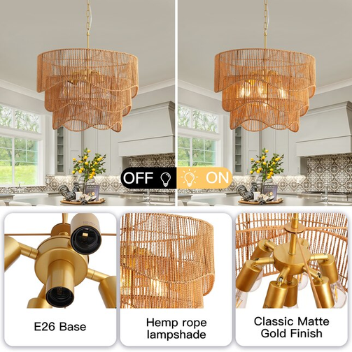 Sevenine Rerhill 7-Light Matte Gold Boho Rattan Lighting 3-Tier Pendant Design Chandelier