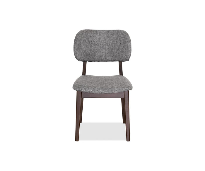 A front-facing view of the Severin Dining Chair, showcasing its modern mid-century design with a walnut-finished rubberwood frame and legs, complemented by a dark gray upholstered seat and backrest, set against a white background.