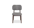 A front-facing view of the Severin Dining Chair, showcasing its modern mid-century design with a walnut-finished rubberwood frame and legs, complemented by a dark gray upholstered seat and backrest, set against a white background.