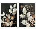 The Silent Grove I & II Wall Art Set features two framed paintings from the Silent Grove collection, each displaying white and tan botanical leaves arranged uniquely against a dark background. With its black/multi color palette and contemporary design, this wall art set brings an elegant sense of serenity to any space.