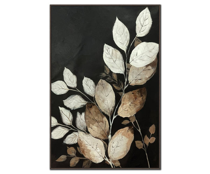 A pair of paintings featuring branches with leaves in white, beige, and brown tones set against a solid black background. The leaves display visible veins and are artistically arranged, making the Silent Grove I & II Wall Art Set a striking addition to contemporary interiors.