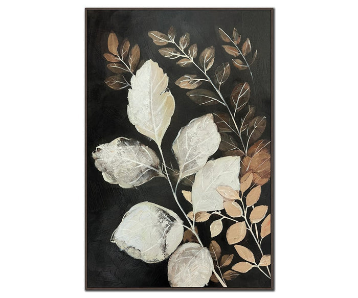 A set of paintings featuring white and light brown leaves with branches on a black background, the Silent Grove I & II Wall Art Set showcases a striking contrast between delicate foliage and a dark backdrop, adding subtle elegance and modern style to any space.