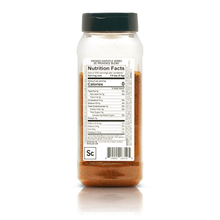 Back view of Spiceology Smoked Chipotle Herbs de Provence nutrition facts and ingredient information.