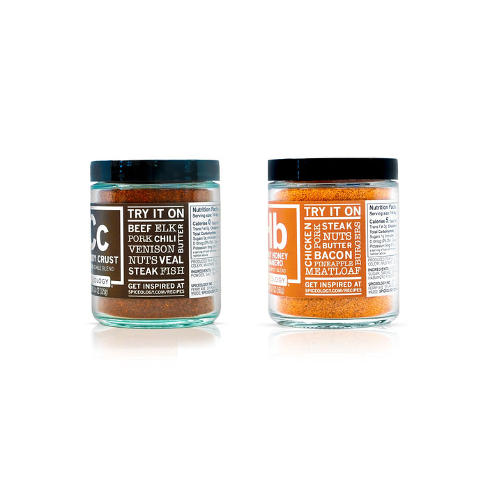 Two jars of seasoning with labels on a white background
