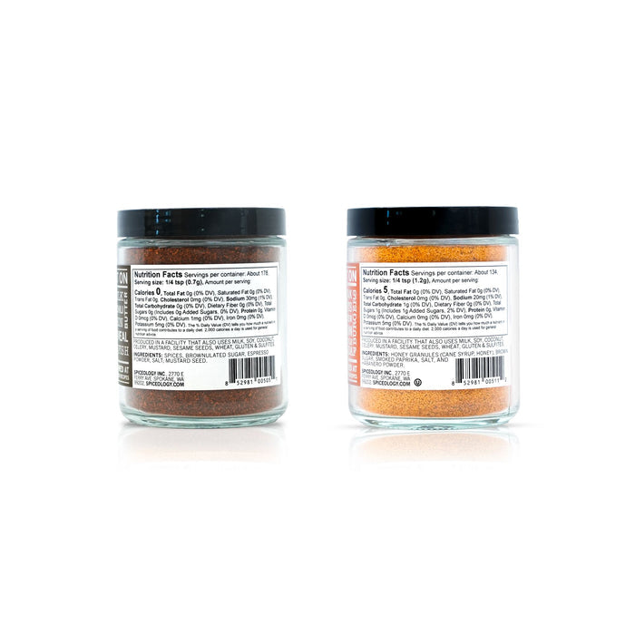 Two jars of spices with labels on a white background