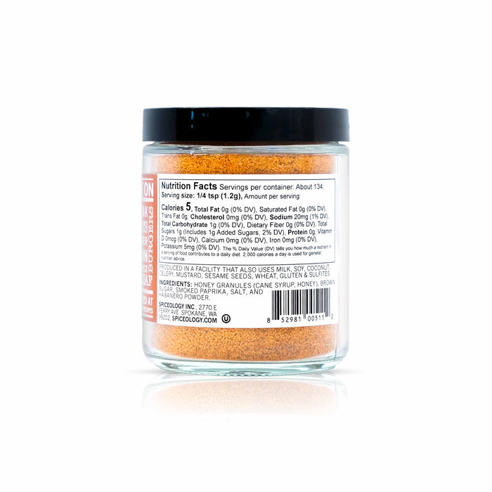 Back view of Spiceology smokey honey habanero displaying nutrition facts and ingredient information.