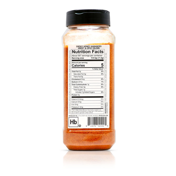 Back view of Spiceology Smokey Honey Habanero Sweet & Spicy Blend nutrition facts and ingredient information.