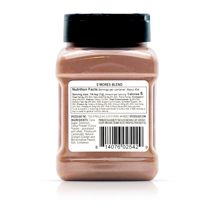 Back view of Spiceology smores blend nutrition facts and ingredient information.