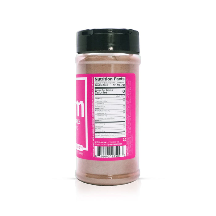 Side view of Spiceology S'mores Blend nutrition facts and ingredient information on a white background