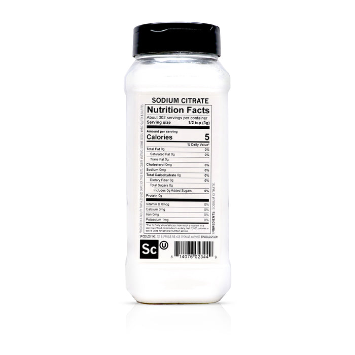 Back view of Spiceology Sodium Citrate nutrition facts and ingredient information.