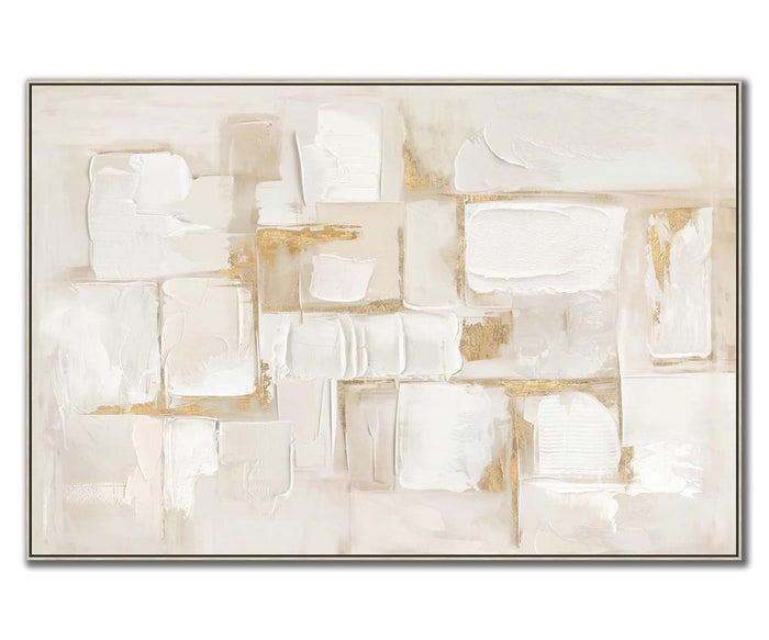 Soft Geometry Wall Art features textured rectangles in white and beige, accented with touches of gold on a neutral background. The composition offers a modern, minimalist feel—ideal as neutral wall decor or an elegant accent for contemporary spaces. Finished in Beige/Multi tones.