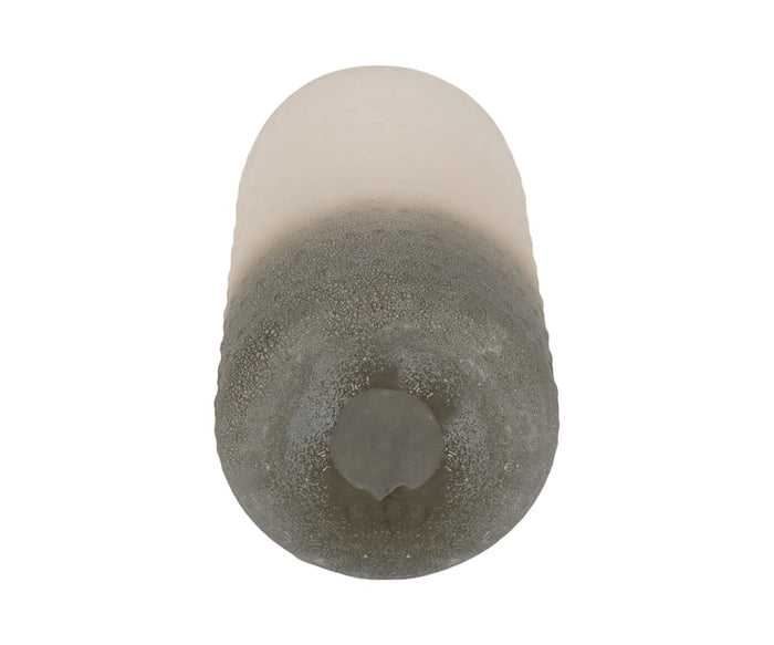 A top-down view of a gray and white translucent Soft Gradient Vase, isolated on a white background, reminiscent of the smooth curves and subtle details found in a sculptural vase.