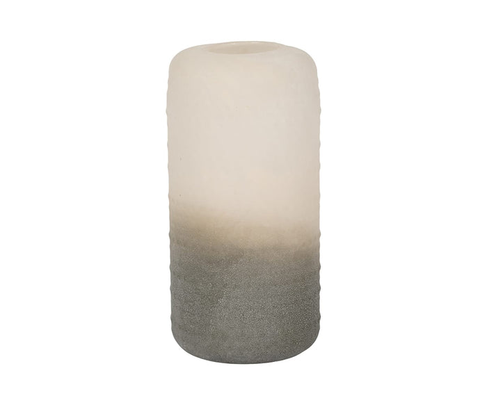 Introducing the Soft Gradient Vase: a tall, cylindrical piece with a textured surface and a gentle gradient shifting from white at the top to gray at the base, evoking the look of a sculptural vase. Shown against a plain white background.