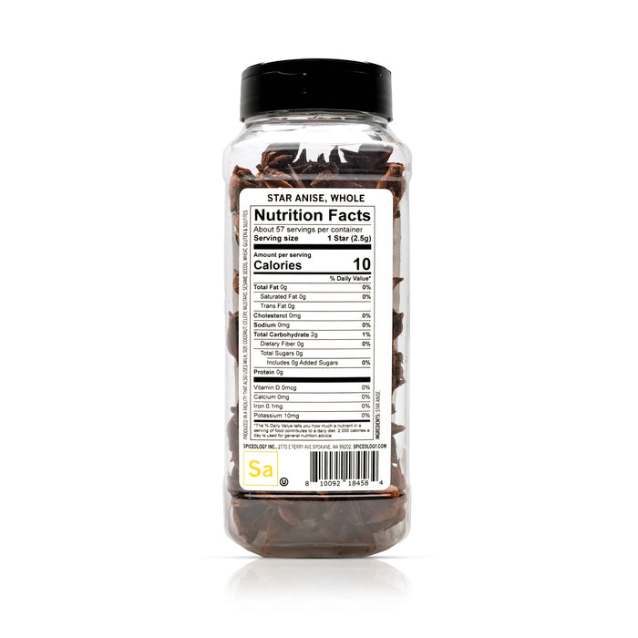 Back view of Spiceology whole star anise nutrition facts and ingredient information.