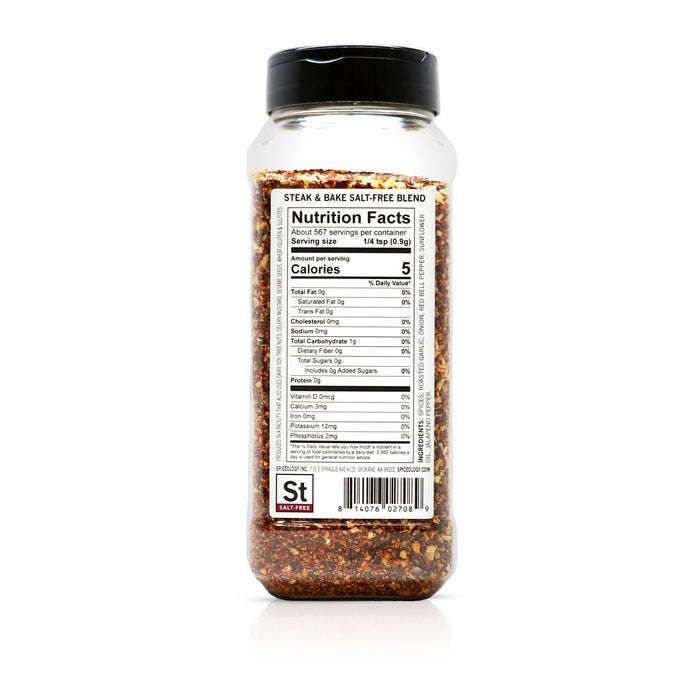 Back view of Spiceology Steak & Bake Salt-Free blend nutrition facts and ingredient information.