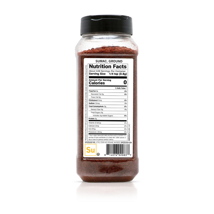 Back view of Spiceology Sumac, Ground nutrition facts and ingredient information.