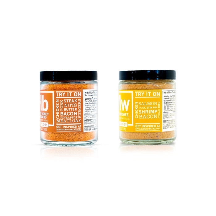 Two jars of seasoning with labels on a white background