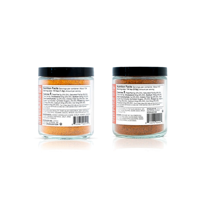 Two jars of Spiceology Sweet & Spicy Bundle spice blends nutrition facts labels on a white background