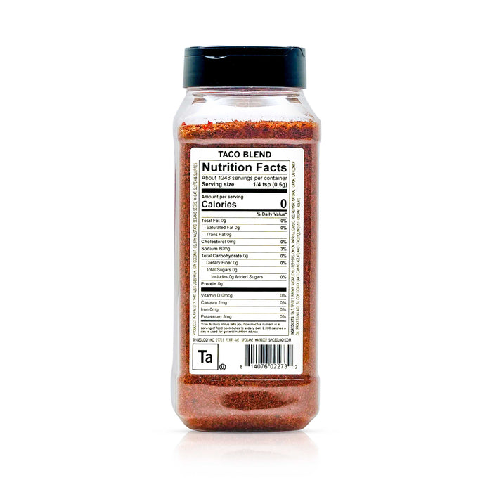 Back view of Spiceology taco blend nutrition facts and ingredient information.