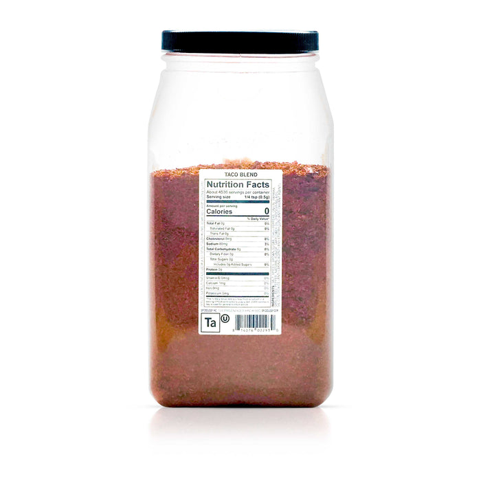 Back view of Spiceology taco blend nutrition facts and ingredient information.