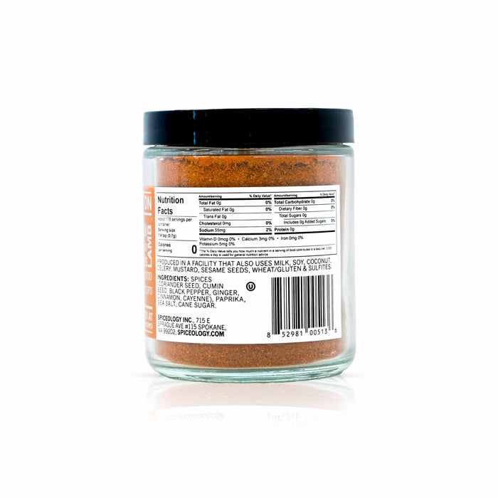 Back view of Spiceology tandoori glory displaying nutrition facts and ingredient information.