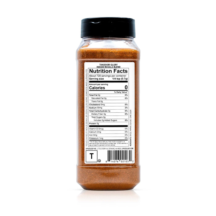 Back view of Spiceology Tandoori Glory nutrition facts and ingredient information.