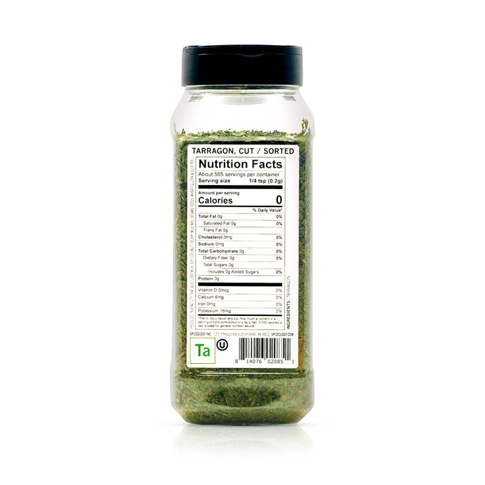 Back view of Spiceology tarragon leaves cut/sorted nutrition facts and ingredient information.