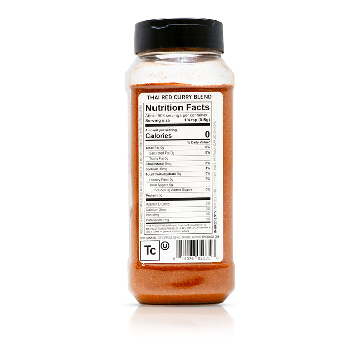 Back view of Spiceology thai red curry blend nutrition facts and ingredient information.