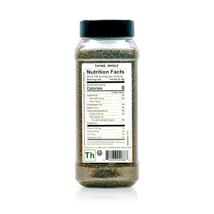 Back view of Spiceology whole thyme nutrition facts and ingredient information.