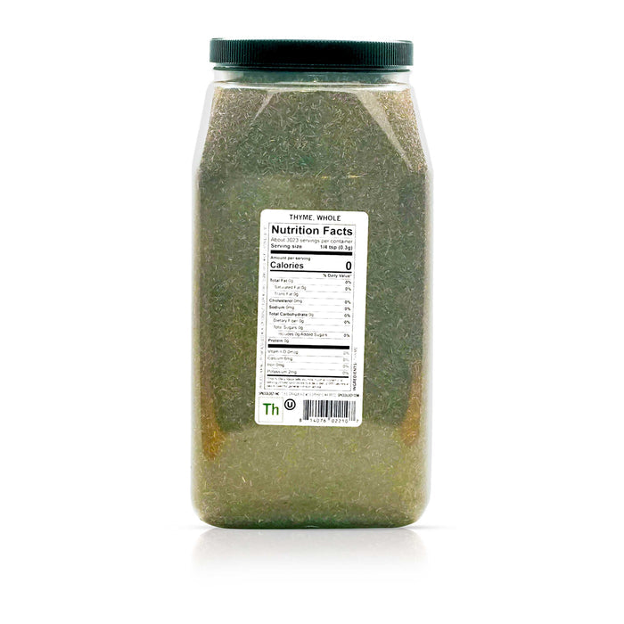 Back view of Spiceology whole thyme nutrition facts and ingredient information.
