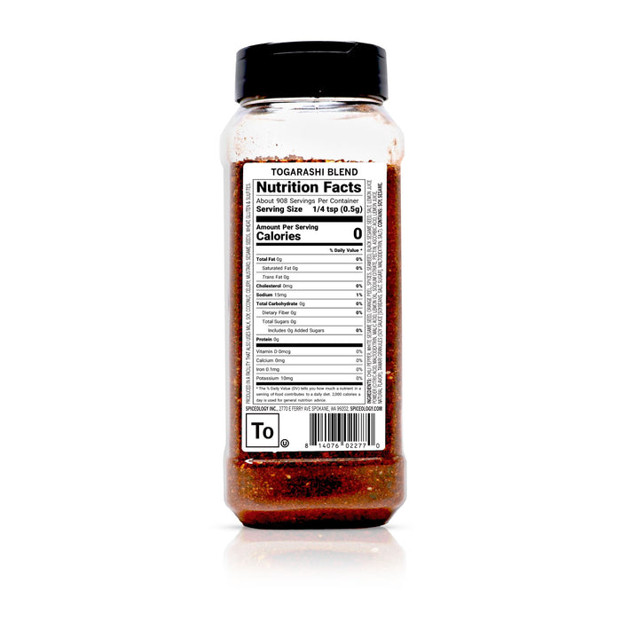 Back view of Togarashi Blend bottle displaying nutrition facts and ingredient information.