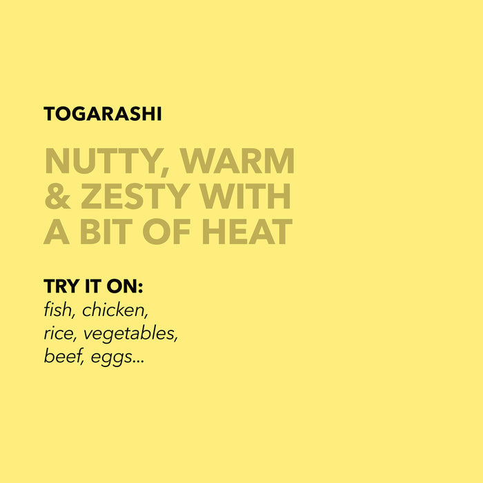 Light yellow flavor profile card for Spiceology Togarashi with headline Nutty, Warm and Zesty with a Bit of Heat and suggested uses including fish, chicken, and eggs
