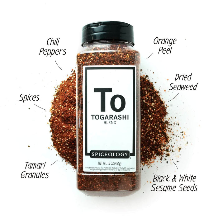 Spiceology Togarashi Blend on a pile of Togarashi noting the ingredients, Chili peppers, orange peel, spices, dried seaweed, tamari granules and black and white sesame seeds on a white background