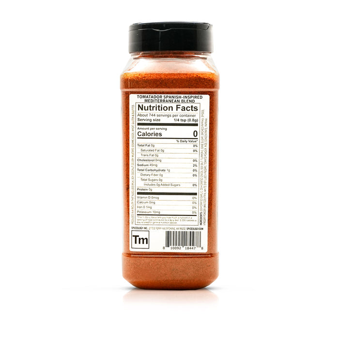 Back view of Spiceology tomatador seasoning nutrition facts and ingredient information.
