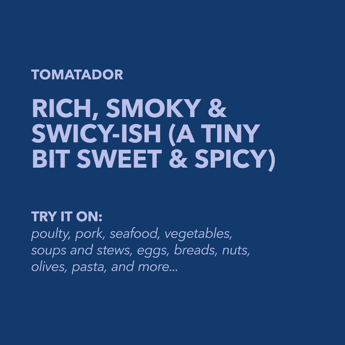 Dark navy blue flavor profile card for Spiceology Tomatador with headline Rich, Smoky and Swicy-ish and suggested uses