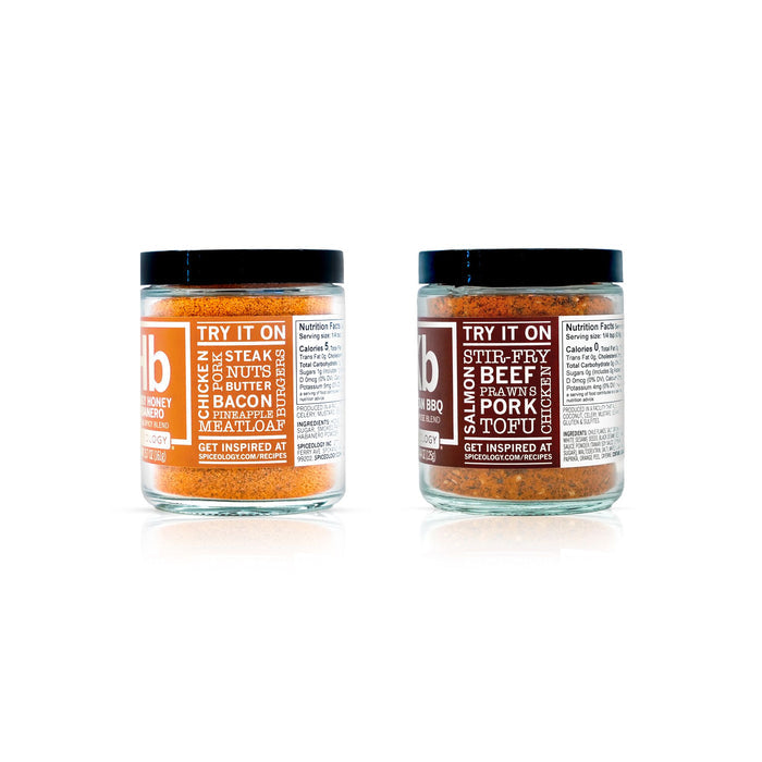 Two jars of seasoning with labels on a white background