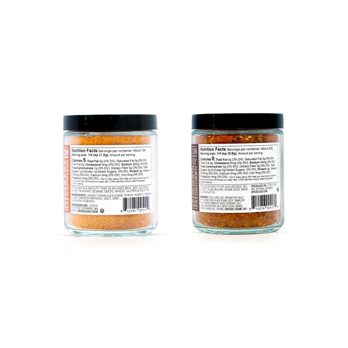 Two jars of a spice blend displaying nutrition facts and ingredient information on a white background