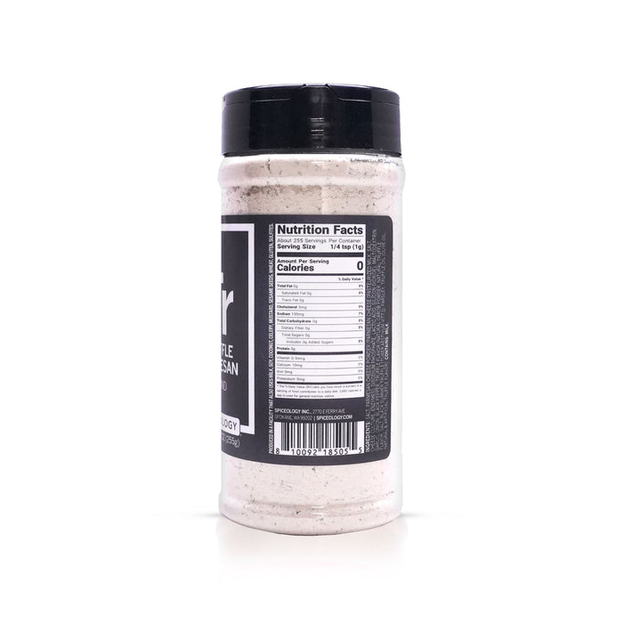 Side view of Spiceology Truffle Parmesan Blend nutrition facts and ingredient information on a white background