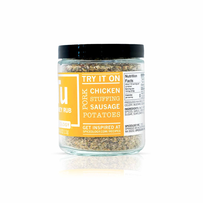 Side view of Spiceology turkey rub on a white background