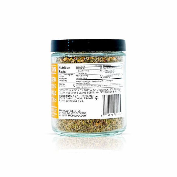 Back view of Spiceology turkey rub displaying nutrition facts and ingredient information.