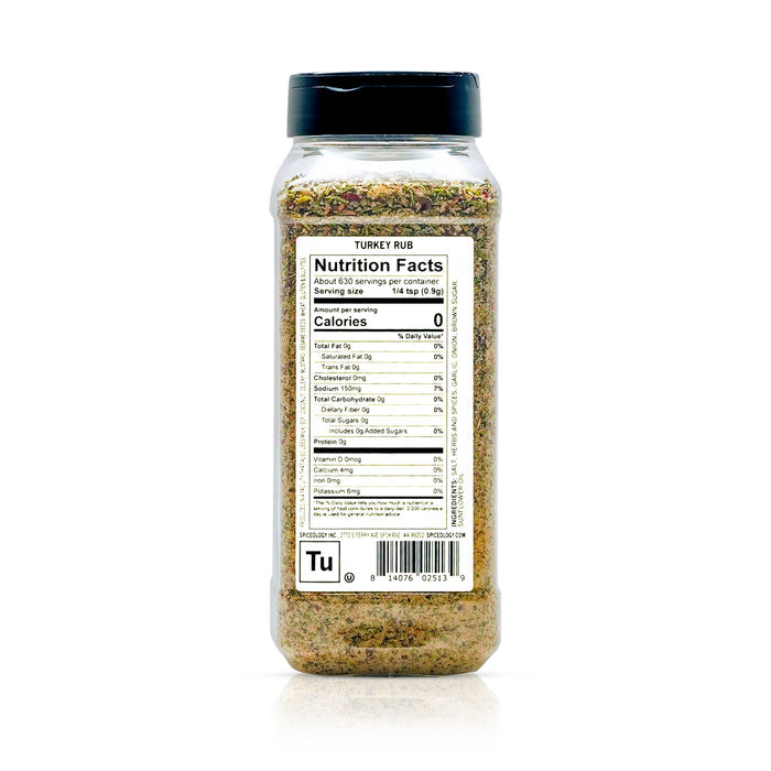 Back view of Spiceology turkey rub nutrition facts and ingredient information.