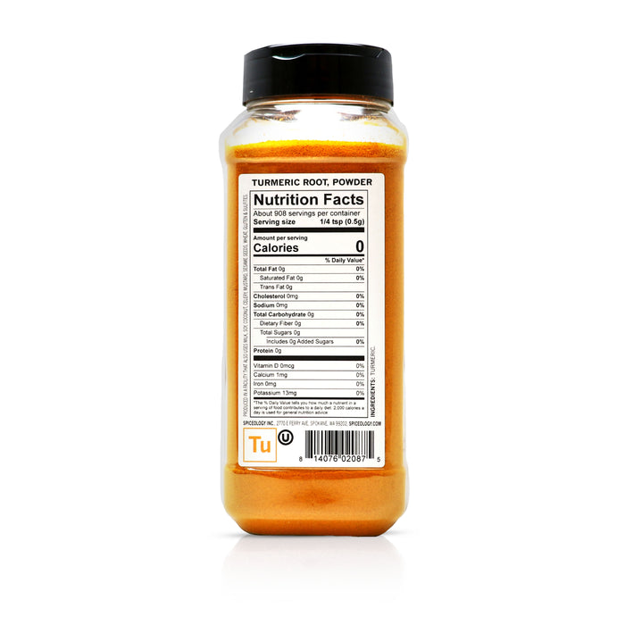 Back view of Spiceology Turmeric Root, Powder nutrition facts and ingredient information.
