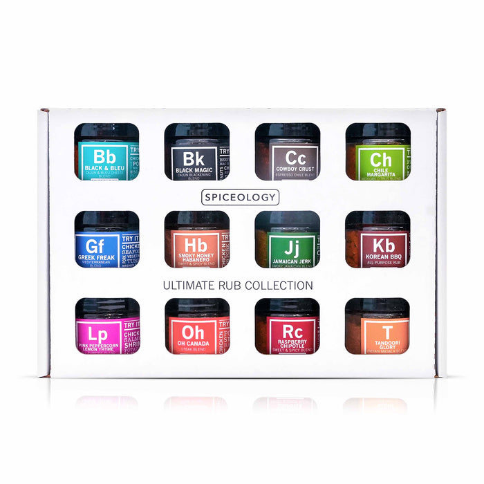 White box of Spiceology ultimate rub collection 12 mini rub jars on a white background