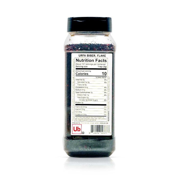 Back view of Spiceology urfa biber flake nutrition facts and ingredient information.