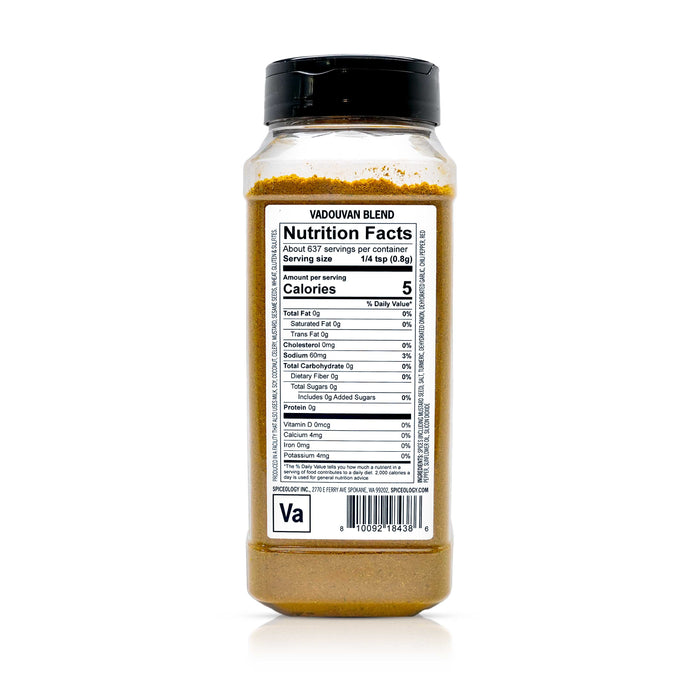 Back view of Spiceology Vadouvan blend displaying nutrition facts and ingredient information.