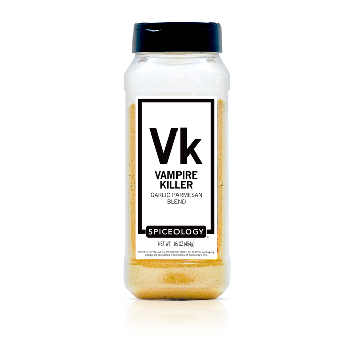 Spiceology Vampire Killer garlic parmesan seasoning bottle featuring bold garlic, parmesan, and umami flavor blend.