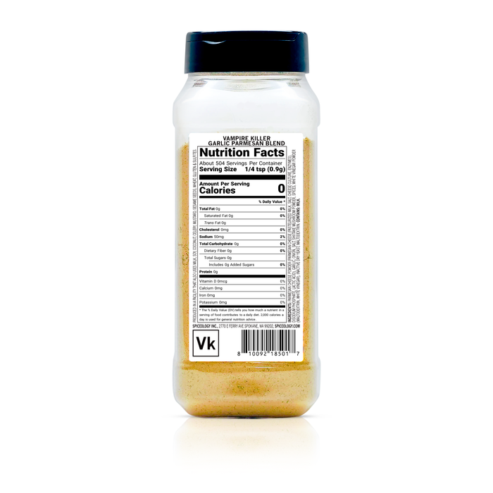 Back view of Spiceology Vampire Killer garlic parmesan seasoning bottle displaying nutrition facts and ingredient information.